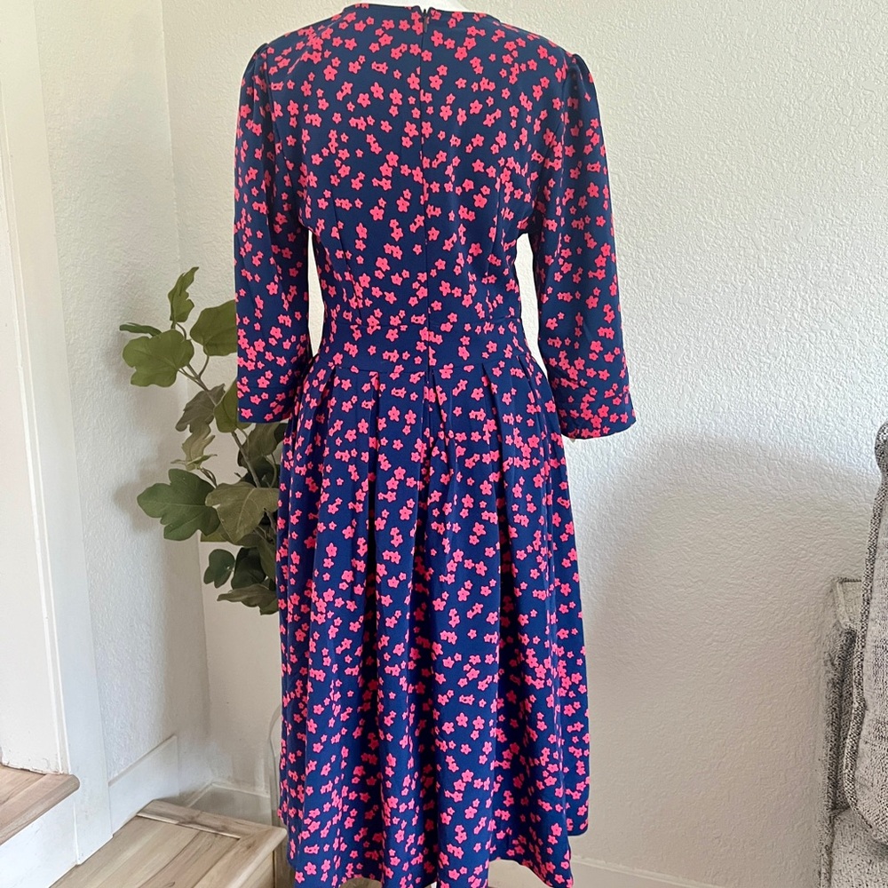 Vintage Style Navy & Pink Floral Fit & Flare Midi Dress - Small/ - Picture 2 of 4